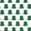 Leprechaun hats with shamrocks under ribbon with buckle seamless pattern design concept for backdrop