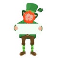 Leprechaun holds a board with place for text. Vector graphics