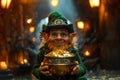 Leprechaun holds pot with gold, St. Patrick day. Irish. AI generative