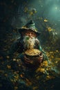 Leprechaun holds pot with gold, St. Patrick day. Ai generative
