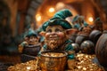 Leprechaun holds pot with gold, St. Patrick day. Irish celebrate. AI generative