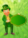 Leprechaun man holding blank frame on shamrock leaves decorated rays background for St. Patrick`s Day celebration.