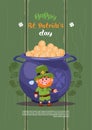 Leprechaun Man Over Big Pot With Golden Coins Happy St. Patricks Day Holiday Poster Or Greeting Card Background Royalty Free Stock Photo