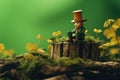 A leprechaun perches on a stump amidst a lush clover field, embodying the spirit of St. Patrick's Day against a