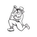 Leprechaun Plumber Running Cartoon Black and White