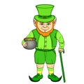 Leprechaun pop art. happy St. Patrick holds a cauldron full of gold coins in his hands. Object on a white background