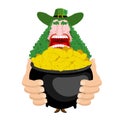 Leprechaun and Pot of gold. beard in Shamrock face. Clover mustache. Ireland holiday. St. Patrick`s Day. Traditional Irish holida Royalty Free Stock Photo