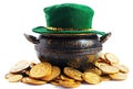 Leprechaun pot with gold coins and leprechaun hat isolated on white background Patricks Day design Royalty Free Stock Photo