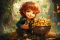 Leprechaun with pot of gold , St. PatrickÂ´s day, green shamrock leaves, irish holiday, mythology of Ireland