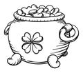 Cauldron in hand drawn style, a bunch of coins and shamrock, Vector illustration