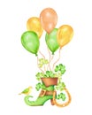 Leprechaun shoe composition with golden horseshoe,clover petals and balloons,bird.Watercolor and marker illustration Royalty Free Stock Photo