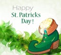 Leprechaun shoe, gold coins and clover