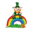 Leprechaun sitting on a rainbow. Happy St. Patricks Day celebration.