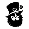 Leprechaun smiling face icon with hat, sunglasses and clover.Saint Patricks Day logo Hand drawn