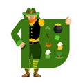 Leprechaun Smuggler selling Shamrock and holiday attributes. Cloak-seller holiday attributes. Dealer in hat and coat . Bootlegger Royalty Free Stock Photo