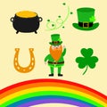 Happy St. Patrick Day scene creator set vector illustration. Leprechaun, clover shamrock leaf, the hat, pot of gold, rainbow, magi Royalty Free Stock Photo