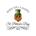 Leprechaun in sunglasses with ornate frame and swirls. St. Patrick s Day. Vector illustration.