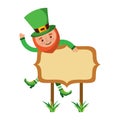 Leprechaun on wooden board happy character