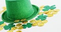 Leprechauns gold and hat with shamrocks on white background for st patricks