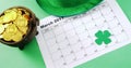 leprechauns hat and pot of gold with calendar for st patricks