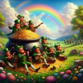 Leprechauns sing and have fun in field with gold and rainbow. Generative AI