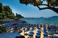 Lerici, Liguria, Italy. June 2020. The silhouette of a pine trunk with the background of the castle of Lerici frame the beach full