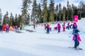 Les arcs, France - 15.02.2022 : ClubMed Les Arcs Panorama, teacher teach kid for skiing. Childrens outdoor activities Royalty Free Stock Photo