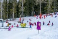 Les arcs, France - 15.02.2022 : ClubMed Les Arcs Panorama, teacher teach kid for skiing. Childrens outdoor activities Royalty Free Stock Photo