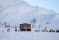 The view of ropeway station in paradiski resort in winter sunny day Royalty Free Stock Photo