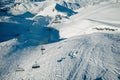 Les deux alpes resort in winter, French alps, Rhone Alpes in France aerial drone photo