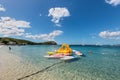 Water sports equipment on Anse Mitan Beach at Les Trois-Ilets, Martinique Royalty Free Stock Photo