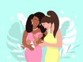 Lesbian couple with baby. African american woman holds beautiful toddler white girl hugs her Royalty Free Stock Photo