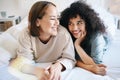 Lesbian, couple and bedroom for connection or happiness talking, communication or lgbtq. Gay women, connection together Royalty Free Stock Photo