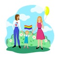 Lesbian couple with a child are walking with a rainbow flag. Gay parade in support of the LGBT community. Pride symbol. Family of