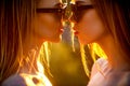 Lesbian couple kissing on sunset time. Lesbian couple, lgbt people lifestyle concept. Pretty sexy stylish generation