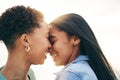 Lesbian couple, love and intimate outdoor at sunset, bonding and romance on date together. Happy, gay women and forehead Royalty Free Stock Photo
