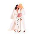 Lesbian couple marriage. Homosexual wedding. Brides in dress and pants kissing. LGBT newlyweds. Happy wives with flower