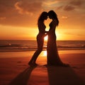 Lesbian couple stay on beach at sunset Royalty Free Stock Photo