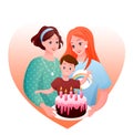 Lesbian family celebration vector illustration, cartoon flat happy woman parent characters with boy kid celebrating