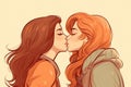 lesbian kiss two beautiful woman in love, hand drawn illustration. lgbtq community pride month