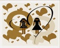 lesbian couple in love illustration, women, hearts, colors. Royalty Free Stock Photo