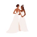 Lesbian love couple wedding. Homosexual women marriage. Happy female newlyweds. Brides in dresses holding hands. LGBT