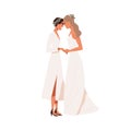 Lesbian love couple wedding. Homosexual women newlyweds in dresses. Marriage of LGBT brides. Happy same-sex wives