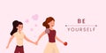 Lesbian love flat vector banner template. Be yourself lgbt movement slogan, coming out message on pink background. Young