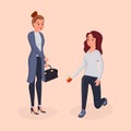 Lesbian marriage proposal flat vector illustration. Romantic girl with golden ring standing on knee, kneeling isolated