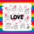 Lesbians Couple Gay people, Love lettering poster. Women`s faces, Informal girls, LGBT rainbow pattern. Creative hand