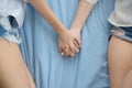 Lesbians sleeping and holding hands on bed together. Lifestyles and People concept. Love of homosexual theme. LGBT and Valentines Royalty Free Stock Photo