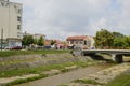 Leskovac, Serbia - july,28.2018: Veternica river flows through the city of Leskovac