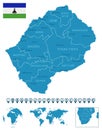 Lesotho - detailed blue country map with cities, regions, location on world map and globe. Infographic icons