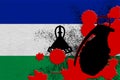 Lesotho flag and MK2 frag grenade in red blood. Concept for terror attack or military operations with lethal outcome